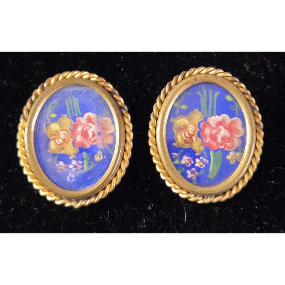 Antique Hand Painted Floral Clip On Earrings Blue Multicolor Clip Ons